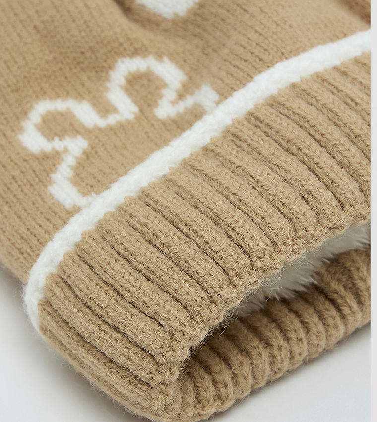 Patterned Beanie with Pom-Pom