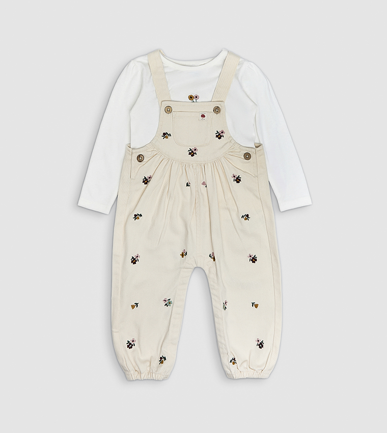 Solid Top and Embroidered Dungaree Set