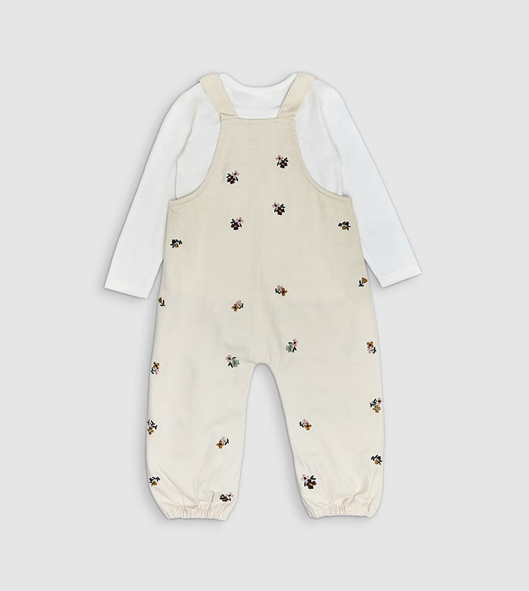 Solid Top and Embroidered Dungaree Set