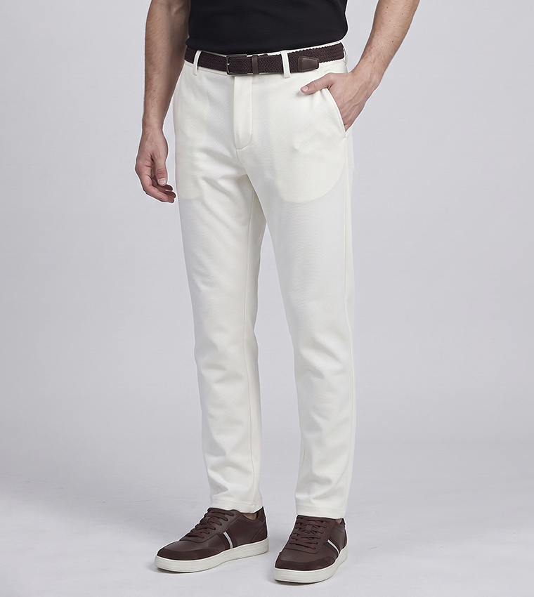 Solid Slim Fit Trousers with Button Closure