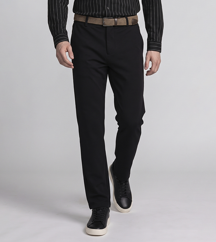 Solid Slim Fit Trousers with Button Closure