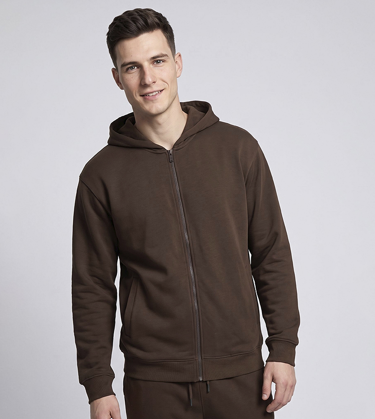 Solid Hooded Jacket with Zipper Closure