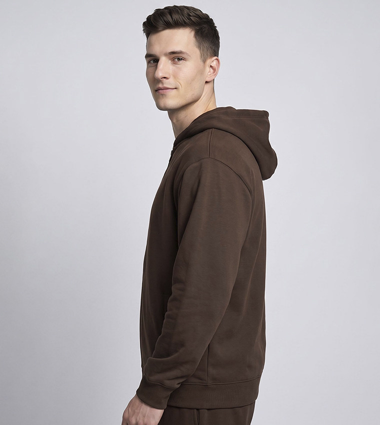 Solid Hooded Jacket with Zipper Closure