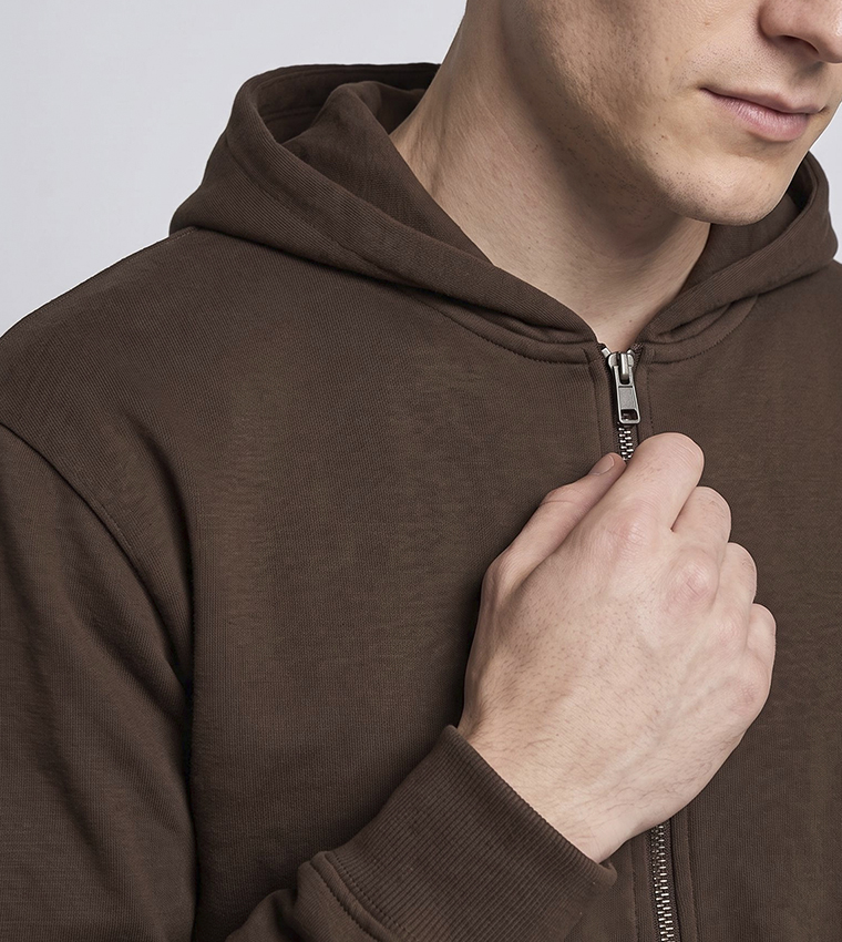 Solid Hooded Jacket with Zipper Closure