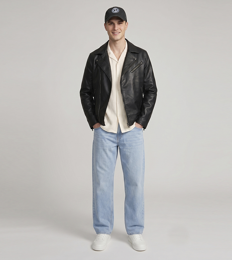 Solid Biker Jacket with Zipper Closure