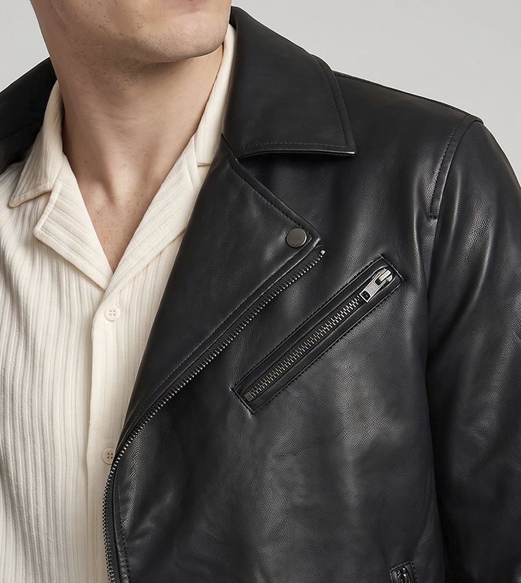 Solid Biker Jacket with Zipper Closure