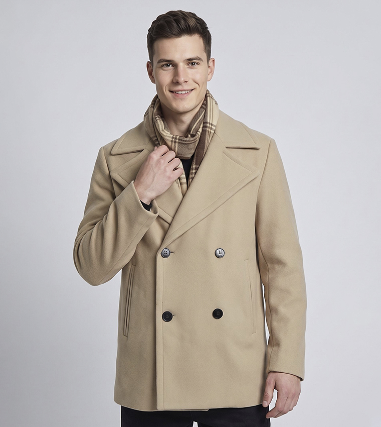 Solid Double-Breasted Coat with Button Closure