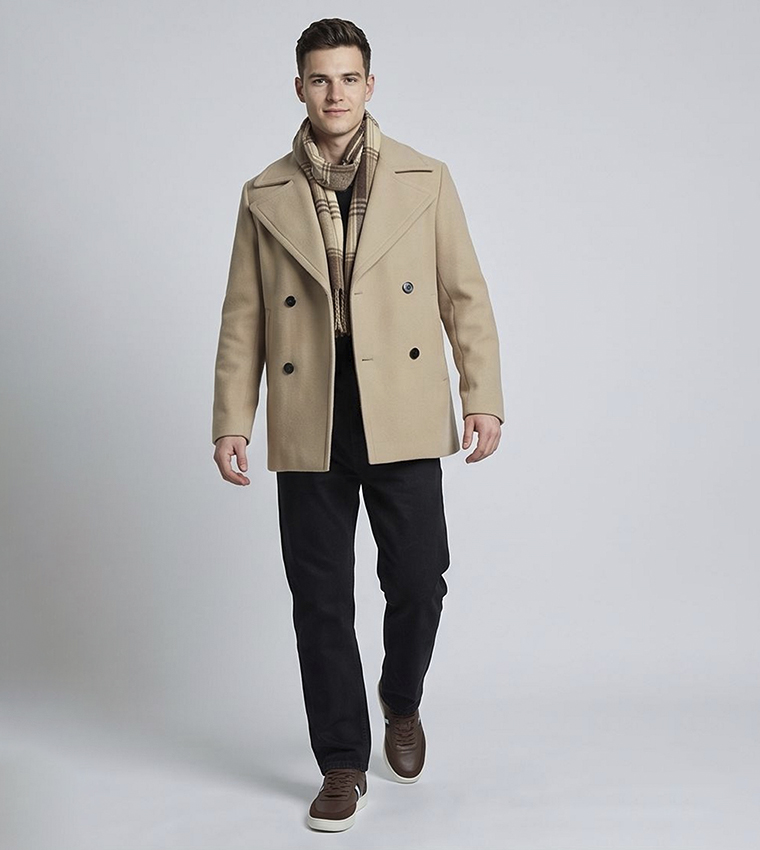 Solid Double-Breasted Coat with Button Closure