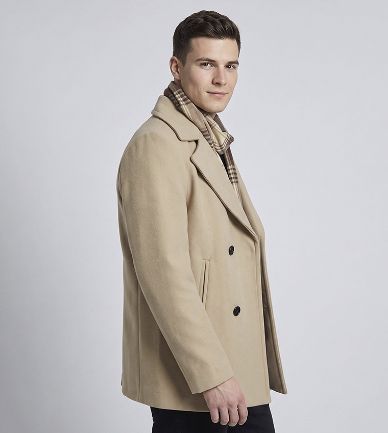 Solid Double-Breasted Coat with Button Closure