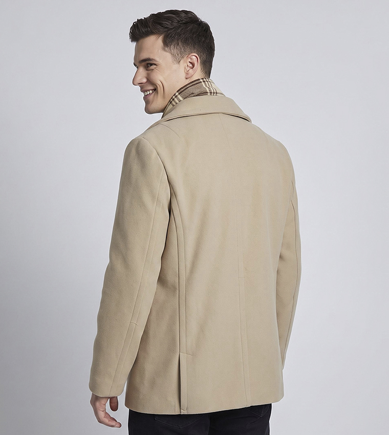 Solid Double-Breasted Coat with Button Closure