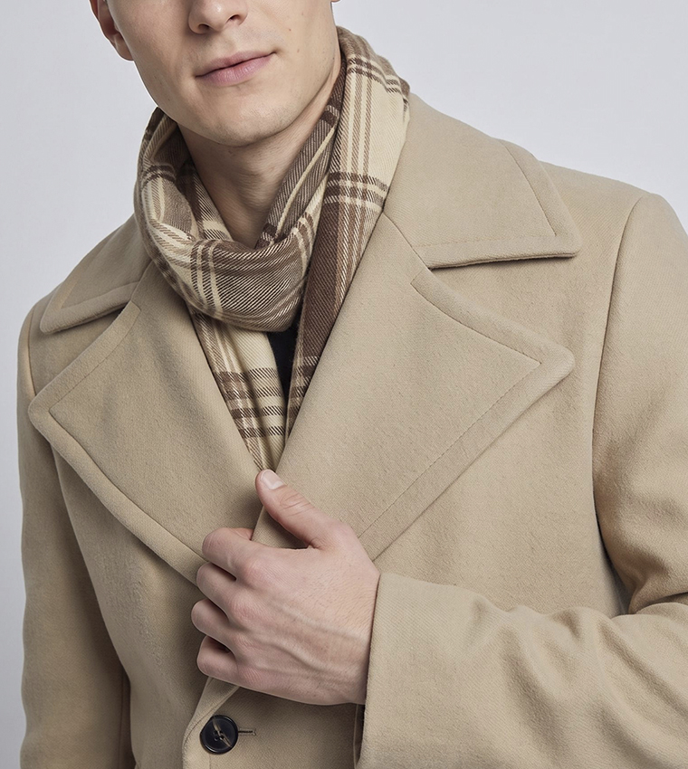 Solid Double-Breasted Coat with Button Closure