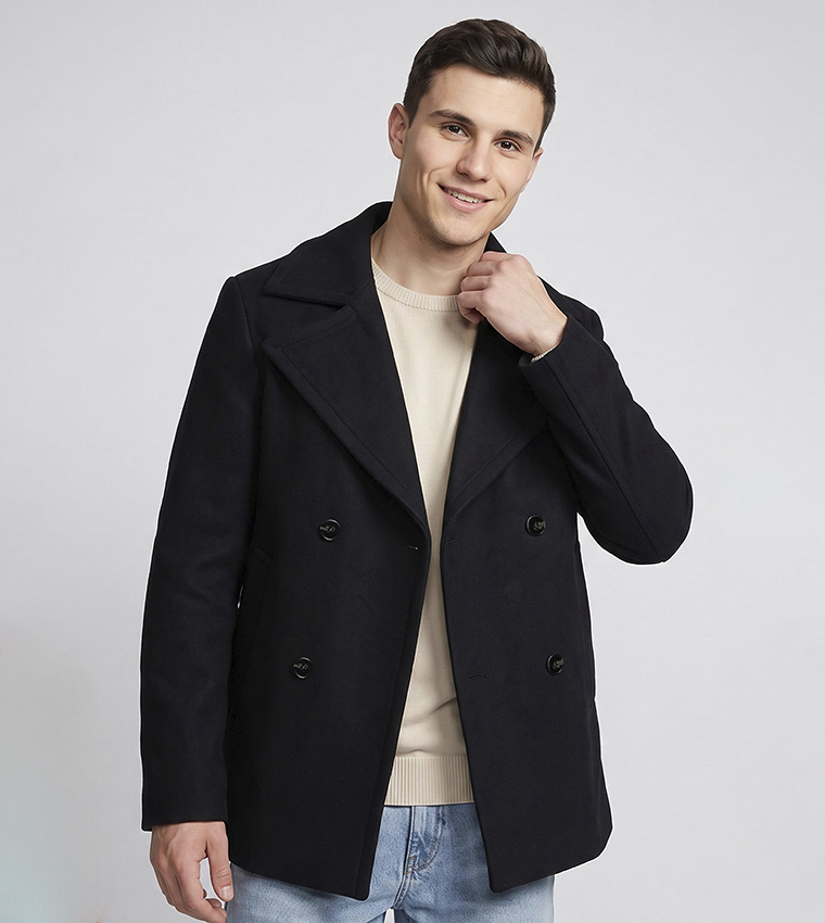 Solid Double-Breasted Coat with Button Closure