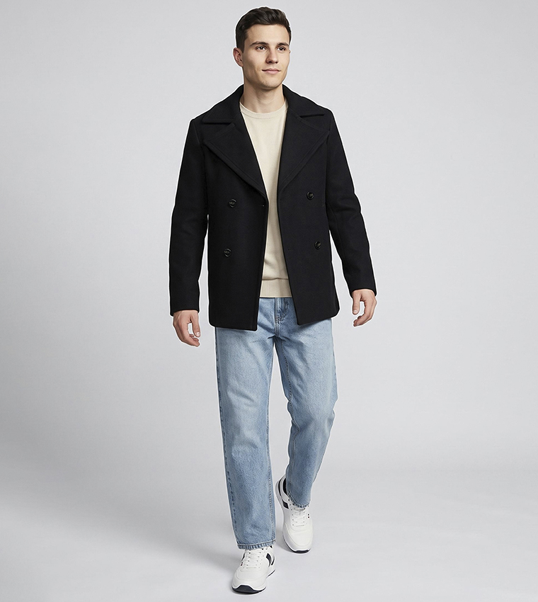 Solid Double-Breasted Coat with Button Closure