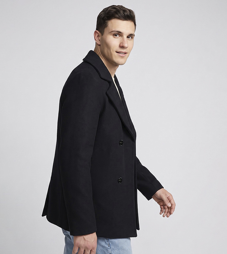Solid Double-Breasted Coat with Button Closure