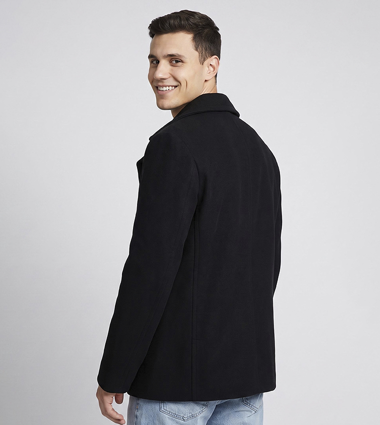 Solid Double-Breasted Coat with Button Closure