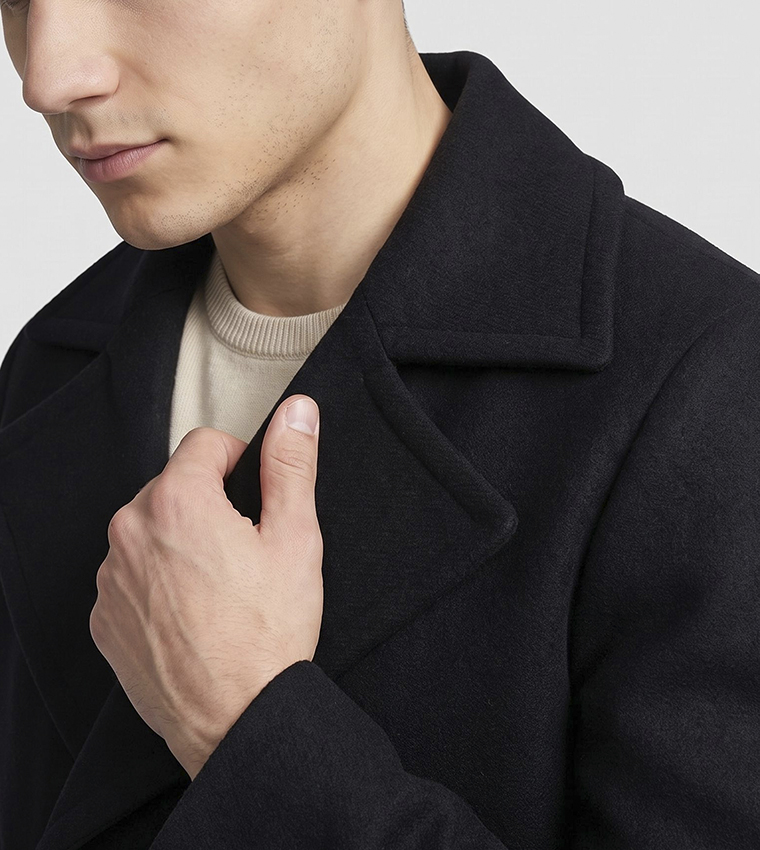 Solid Double-Breasted Coat with Button Closure