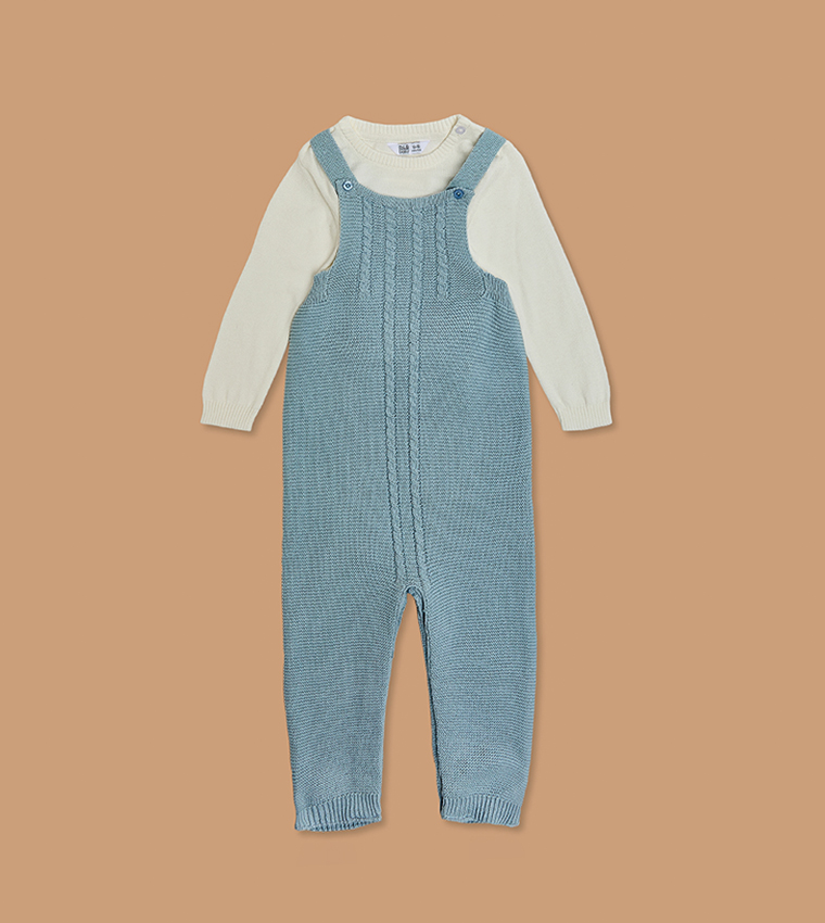 Solid Sweater and Dungaree Set