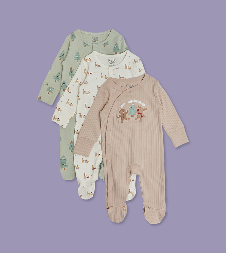 3 Pack Printed Footed Sleepsuits