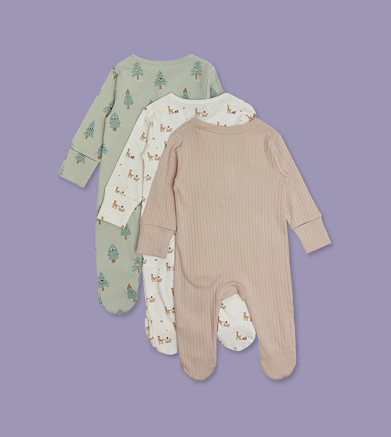 3 Pack Printed Footed Sleepsuits