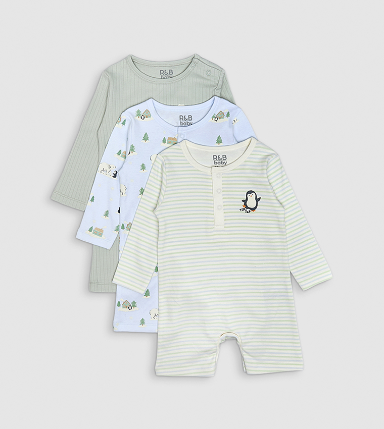 3 Pack Printed Rompers with Long Sleeves