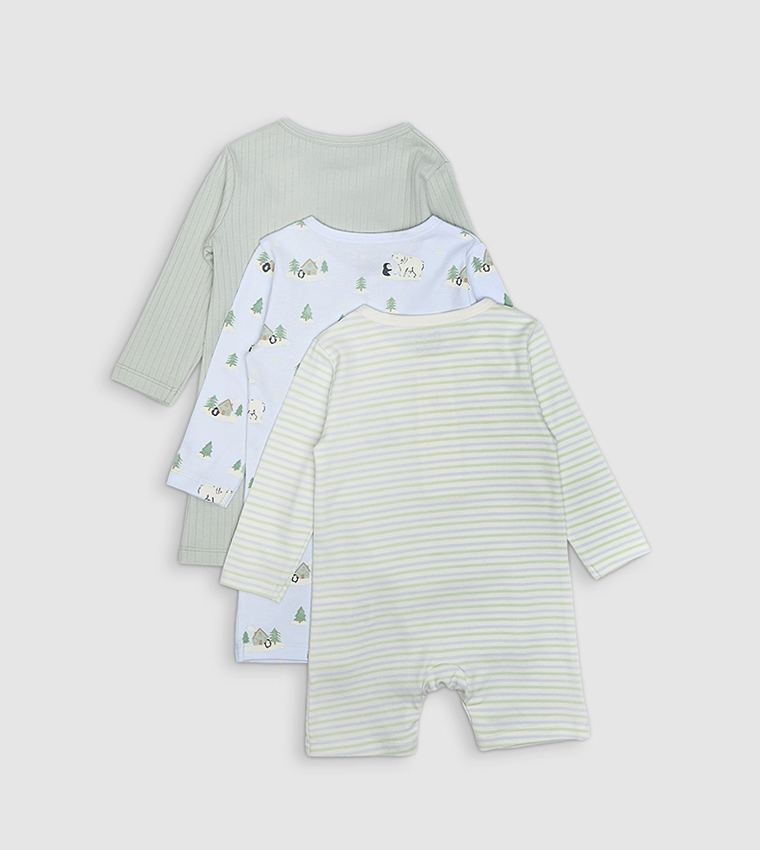 3 Pack Printed Rompers with Long Sleeves