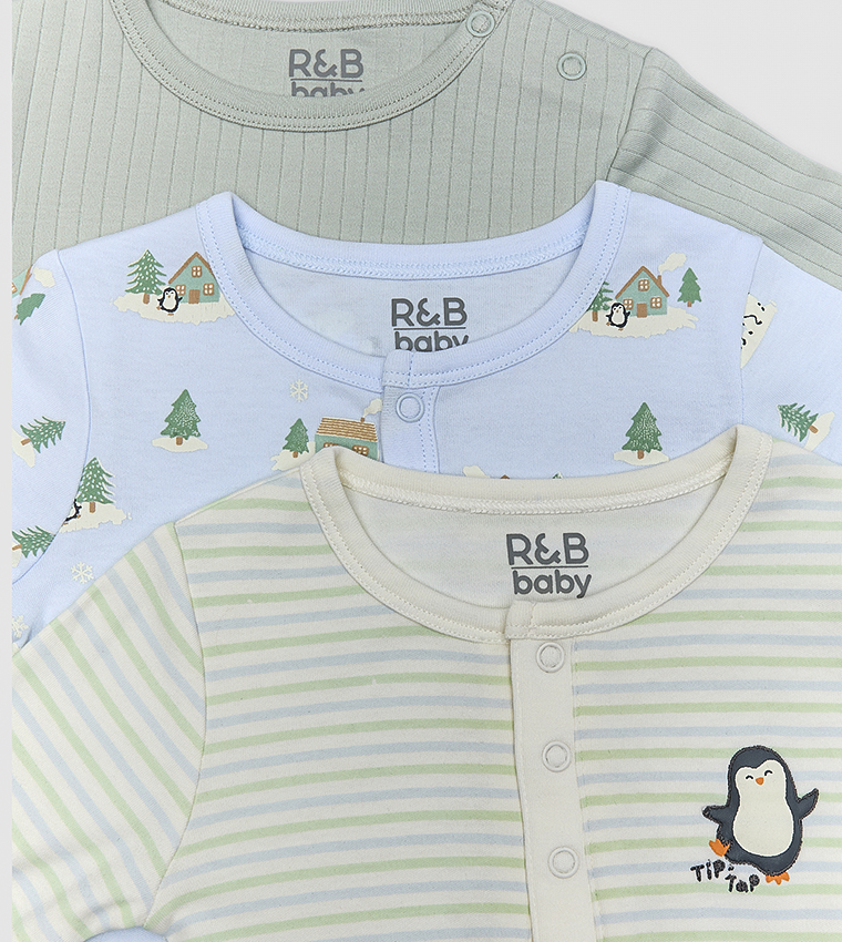 3 Pack Printed Rompers with Long Sleeves