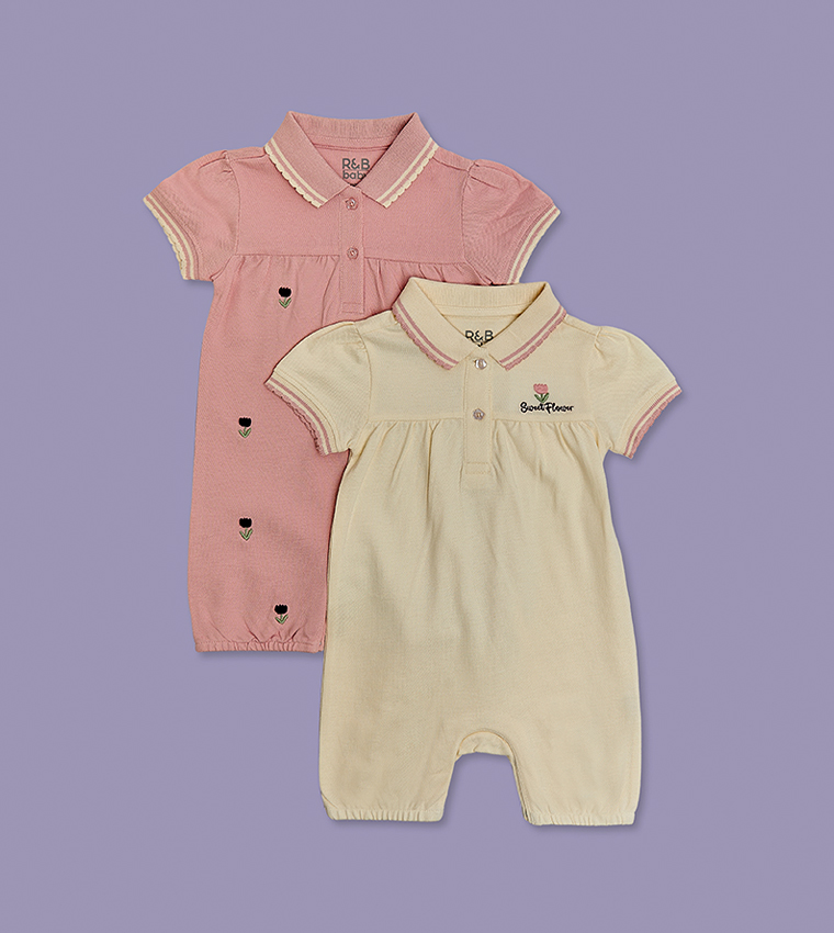 2 Pack Embroidered Collared Rompers