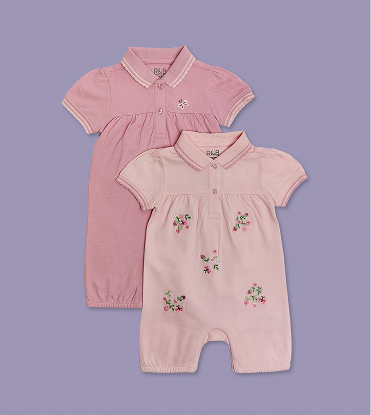 2 Pack Embroidered Collared Rompers