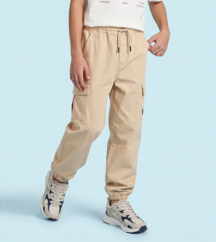 Solid Cargo Pants with Drawstring Waist