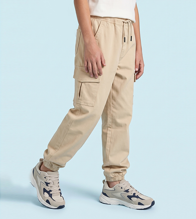 Solid Cargo Pants with Drawstring Waist