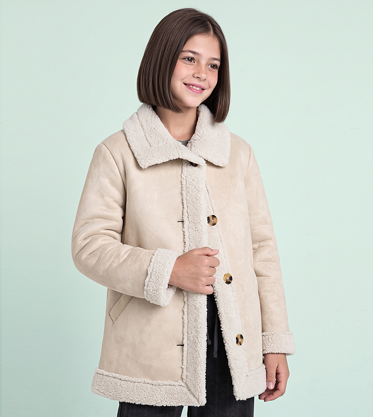 Fur Trim Jacket with Button Closure
