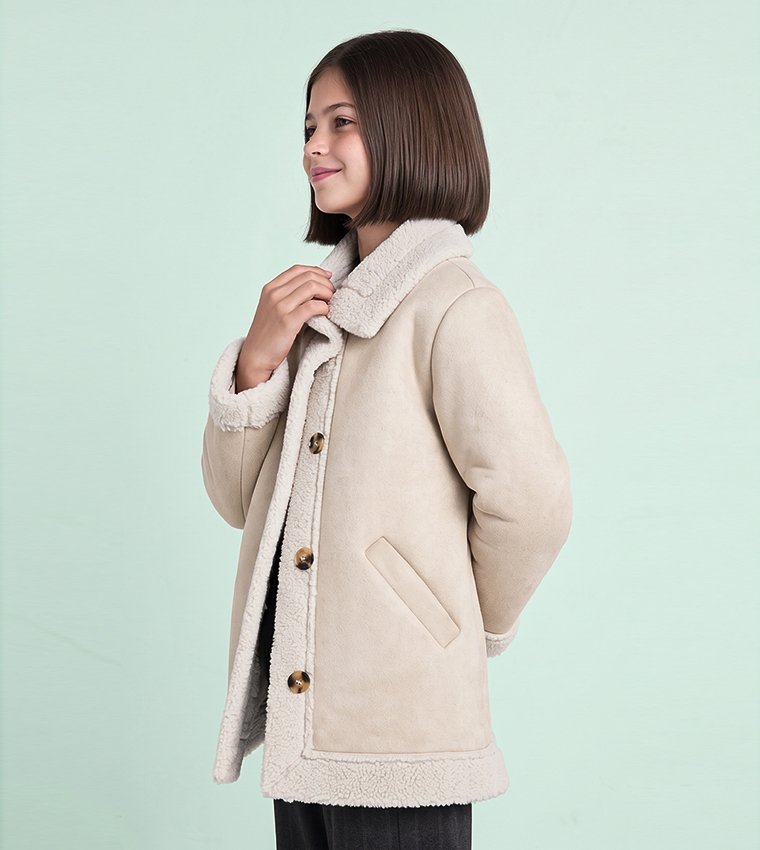 Fur Trim Jacket with Button Closure
