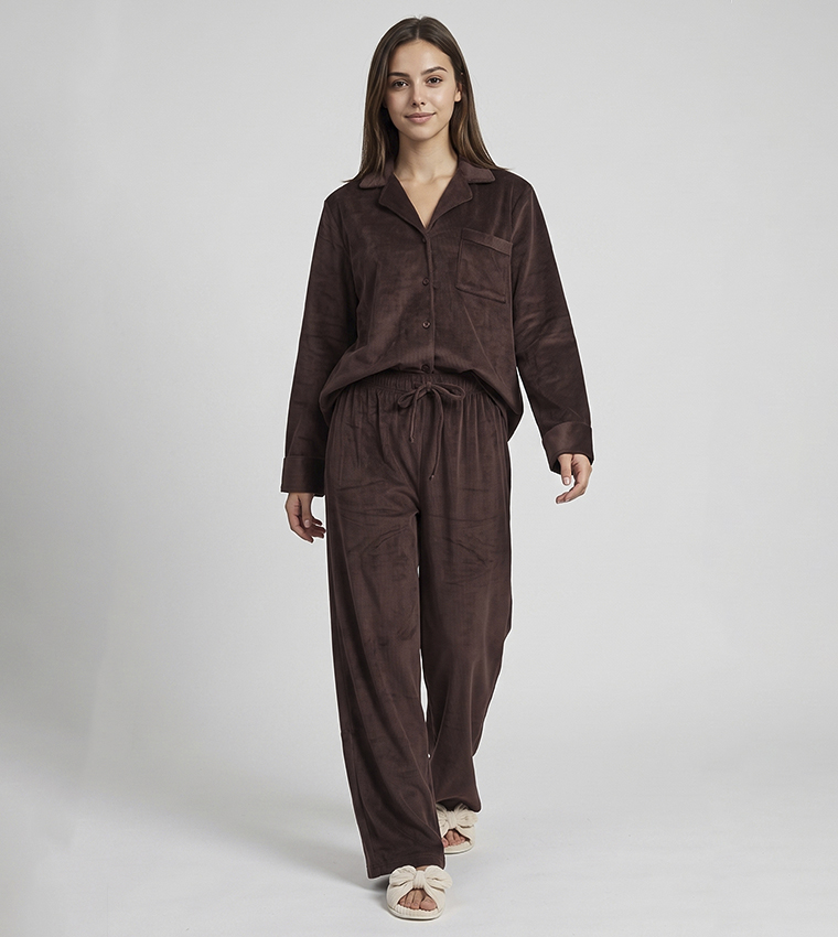 Solid Lapel Collar Pyjama Set