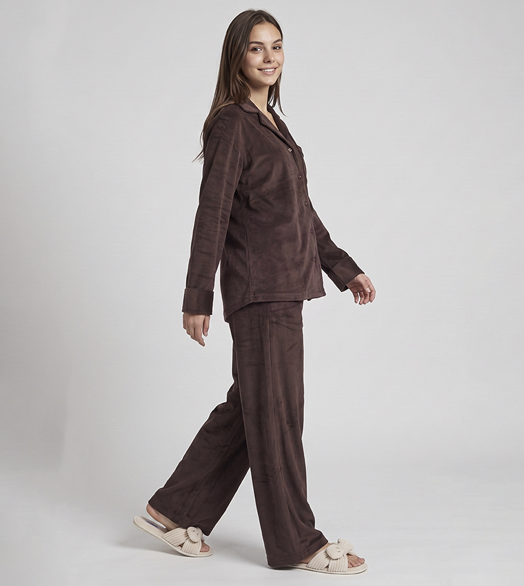 Solid Lapel Collar Pyjama Set