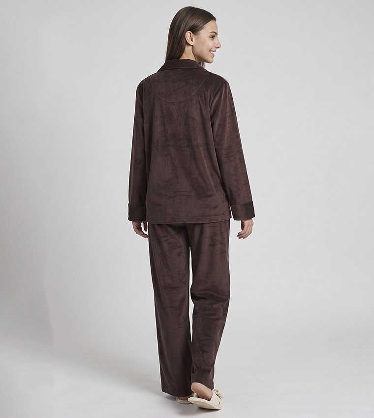 Solid Lapel Collar Pyjama Set