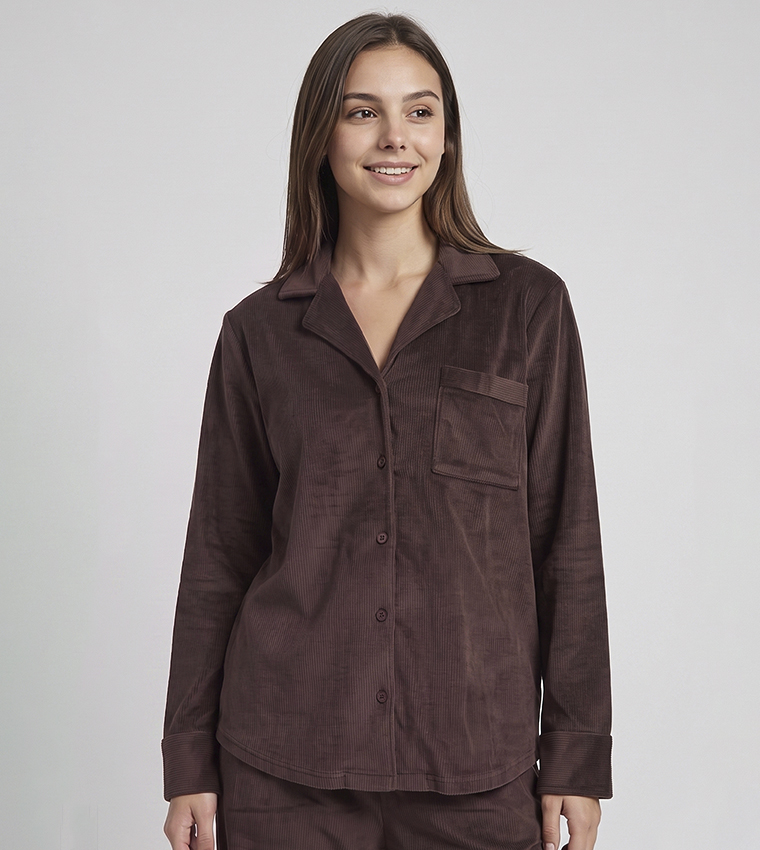 Solid Lapel Collar Pyjama Set