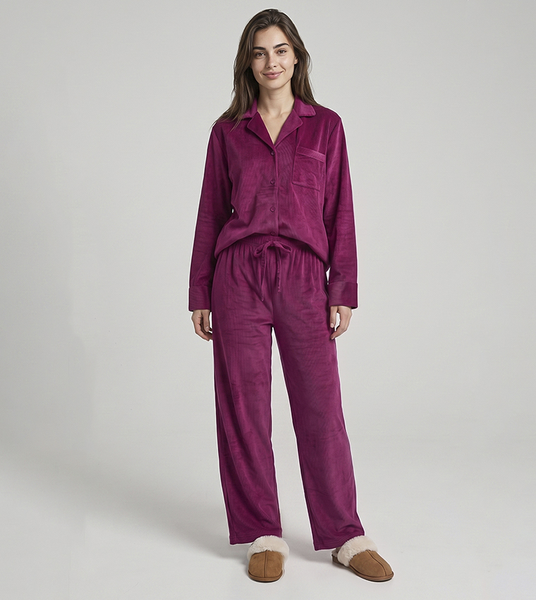 Solid Lapel Collar Pyjama Set