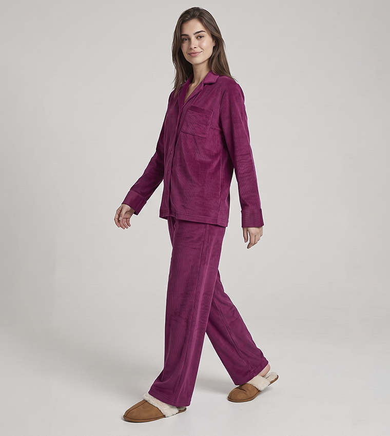 Solid Lapel Collar Pyjama Set