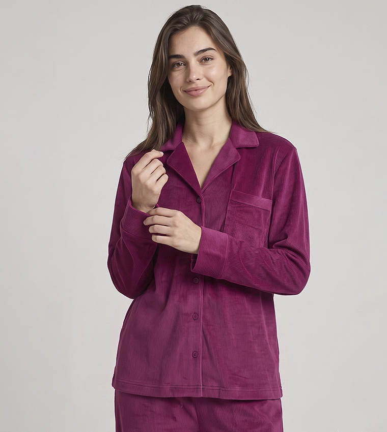 Solid Lapel Collar Pyjama Set