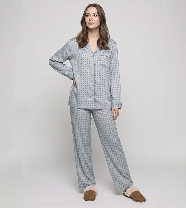 Patterned Lapel Collar Pyjama Set