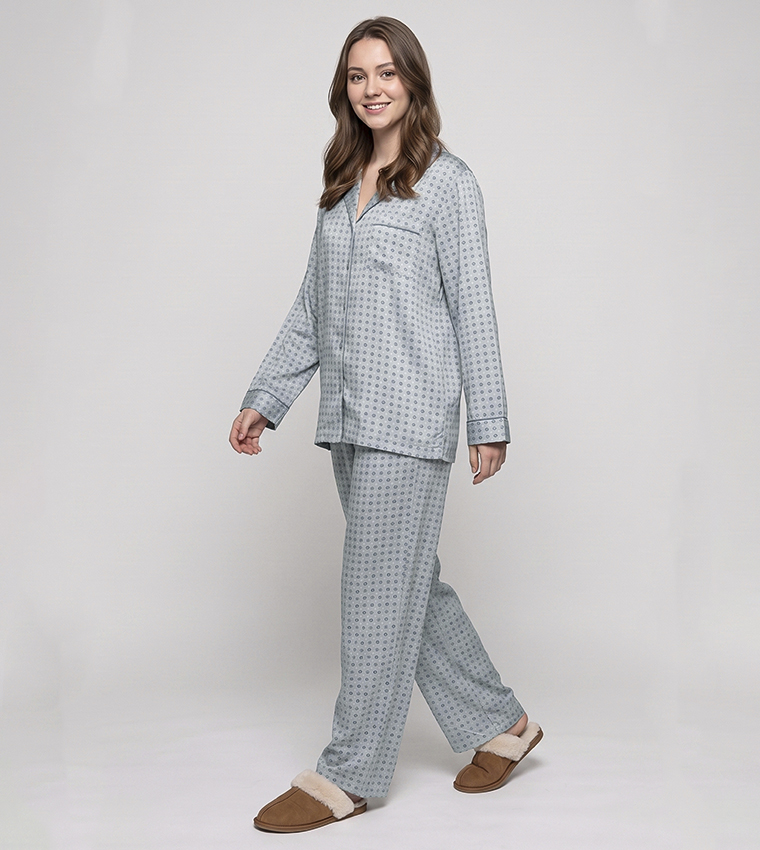 Patterned Lapel Collar Pyjama Set