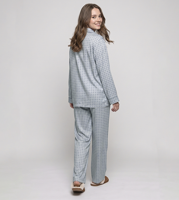 Patterned Lapel Collar Pyjama Set