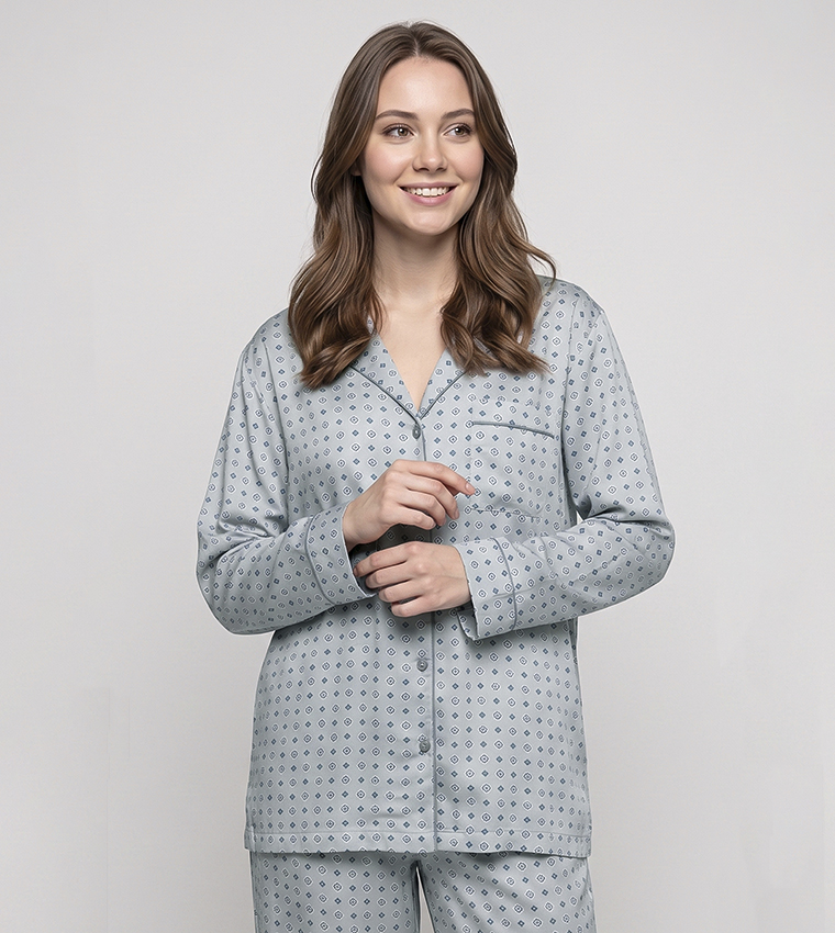 Patterned Lapel Collar Pyjama Set