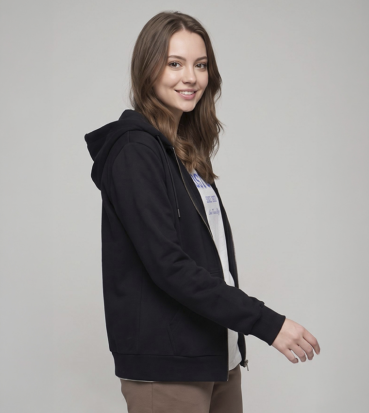 Solid Hooded Jacket with Zipper Closure