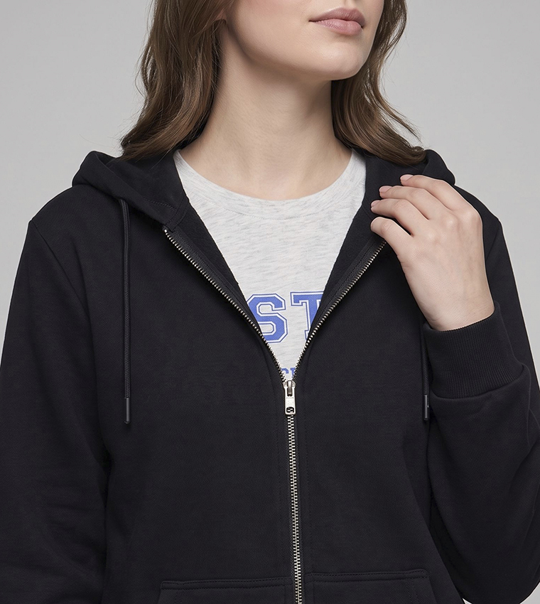 Solid Hooded Jacket with Zipper Closure