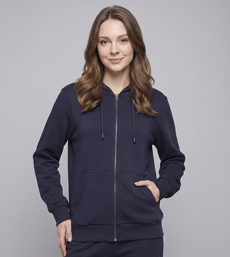 Solid Hooded Jacket with Zipper Closure