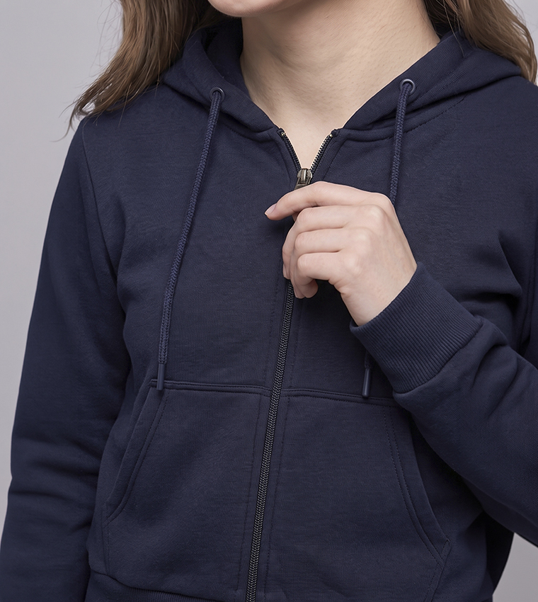 Solid Hooded Jacket with Zipper Closure