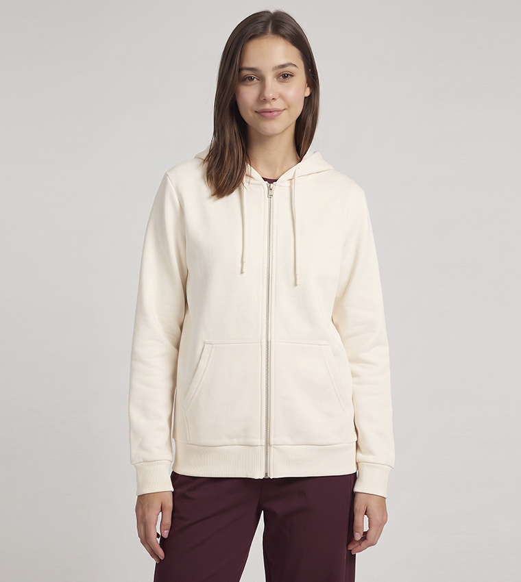 Solid Hooded Jacket with Zipper Closure