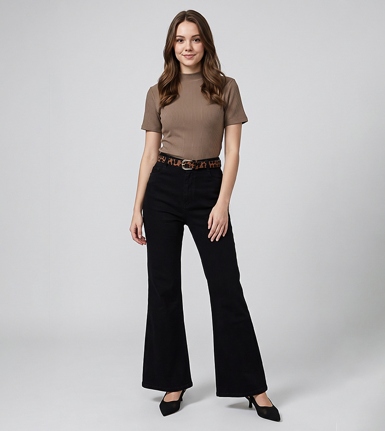 Washed Button Closure Flared Jeans