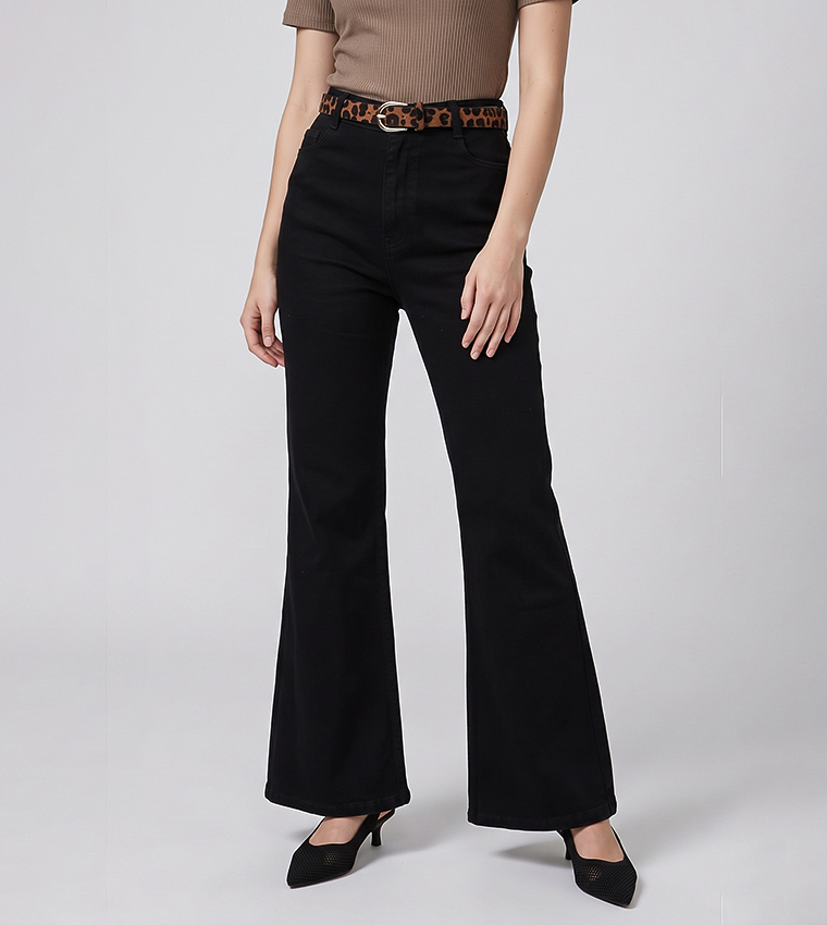 Washed Button Closure Flared Jeans